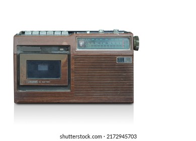 front view brown and black cassette player and radio on white background, object, music, old, decor, vintage, ancient, copy space