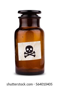 front view of brown medical glassware with glass cap and the poison label sign isolated on white background