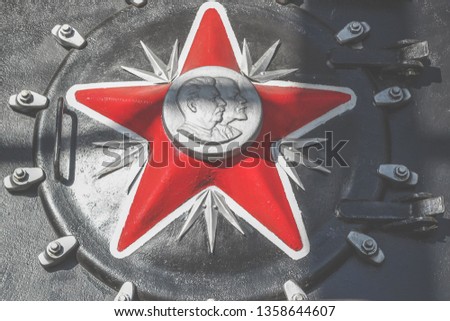 Front view cabin of the old Soviet train. Locomotive Front. Revolutionary train, Five pointed star, Profile of Stalin and Lenin