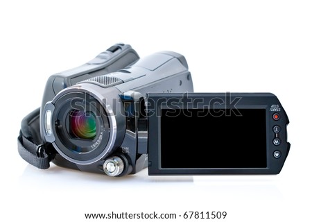 Front view of camcorder with view screen, isolated on white background