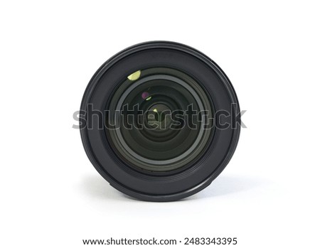 Front view of camera lens isolated on white background.