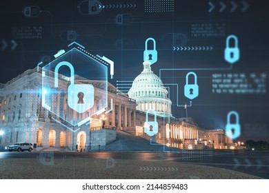 Front View, Capitol Dome Building At Night, Washington DC, USA. Illuminated Home Of Congress And Capitol Hill. The Concept Of Cyber Security To Protect Confidential Information, Padlock Hologram