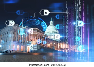 Front view, Capitol dome building at night, Washington DC, USA. Illuminated Home of Congress and Capitol Hill. Decentralized economy. Blockchain, cryptography and cryptocurrency concept, hologram - Shutterstock ID 2152008523