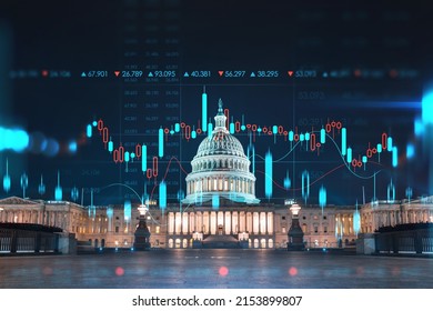 Front view, Capitol dome building at night, Washington DC, USA. Illuminated Home of Congress and Capitol Hill. Forex graph hologram. The concept of internet trading, brokerage and fundamental analysis - Shutterstock ID 2153899807