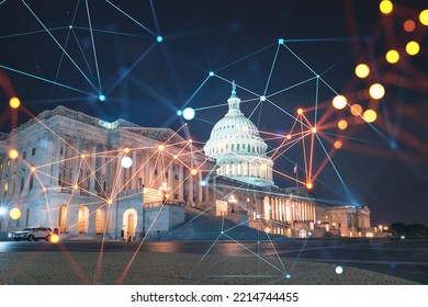 Front View, Capitol Dome Building At Night, Washington DC, USA. Illuminated Home Of Congress And Capitol Hill. Social Media Hologram. Concept Of Networking And Establishing New People Connections