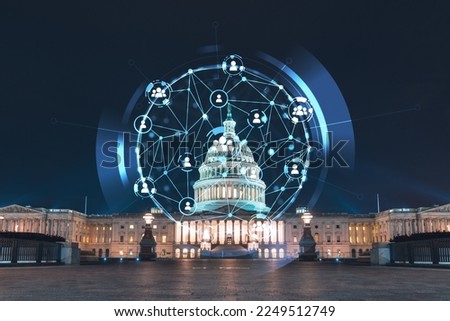Front view, Capitol dome building at night, Washington DC, USA. Illuminated Home of Congress and Capitol Hill. Social media hologram. Concept of networking and establishing new people connections