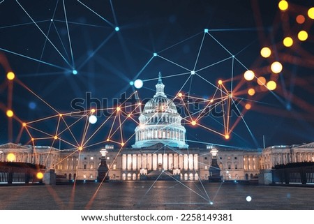 Front view, Capitol dome building at night, Washington DC, USA. Illuminated Home of Congress and Capitol Hill. Social media hologram. Concept of networking and establishing new people connections Imagine de stoc © 