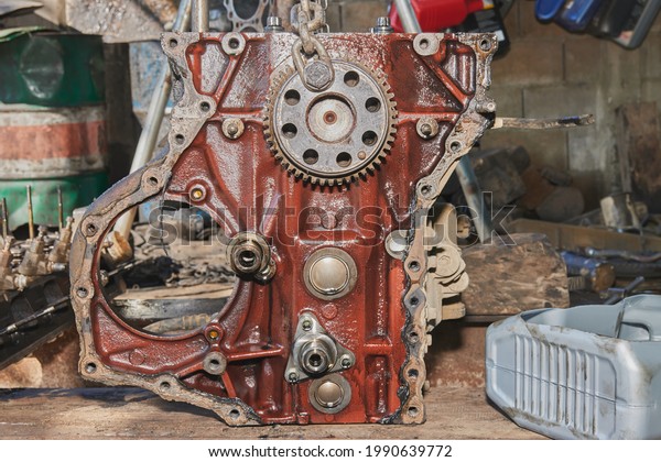Front View of Car Engine and Camshaft
Sprocket and Bolt and Chain in Car Repair
Shop