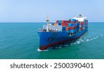 front view Cargo container ship carrying container and running in the ocean near international container port customs shipyard sea port concept smart logistic service. transportation 
