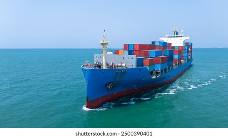front view Cargo container ship carrying container and running in the ocean near international container port customs shipyard sea port concept smart logistic service. transportation