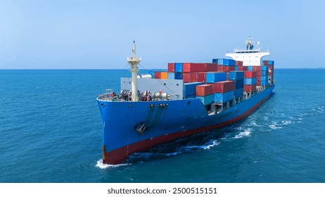 front view Cargo container ship carrying container and running in the ocean near international container port customs shipyard sea port concept smart logistic service. transportation 

