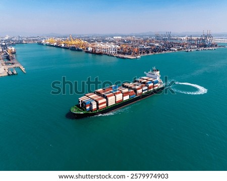 front view cargo logistic container ship sailing in sea, import export goods and distributing products to dealer and consumers across worldwide, container shiping service  concept.