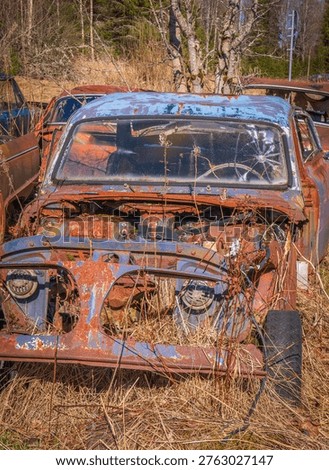Front view of classic car with destroyed grille and heavy rust surrounded by dry grass and debris.