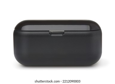  Front View Of Closed Black Earbuds Charging Case Isolated On White