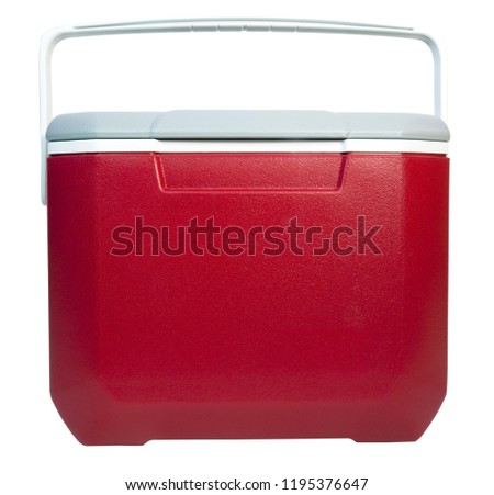 Front view of closed of red and white plastic food and drink cooler. Isolated.
