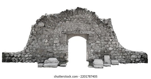 front view closeup of ancient door with architectural stone arcade archway and surrounding wall isolated on white background