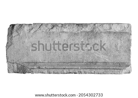 front view closeup of empty antique large square plaque of stone with irregular edges and carved texture isolated on white background