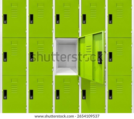 Front view Close-up of an empty locker with a green door, white compartment, Openning door