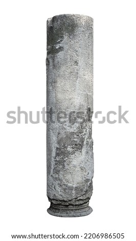 front view closeup of large vertical square fragment of antique classical architectural stone column with weathered texture isolated on white background