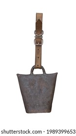 front view closeup of metal rusted cowbell with leather collar isolated on white background