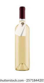 front view closeup mockup of white wine bottle with paper label tags hanging on neck isolated on white background