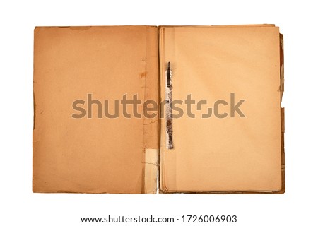 front view closeup of old open file document folder with aged light brown empty pages cardboard covers and rusted metallic binding isolated on white background