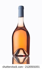 Front View Closeup Of Round Shaped Rose Wine Bottle Mockup With Light Blue Colored Cap And No Label Isolated On White Background With Reflection