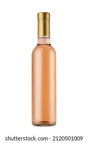 Front View Closeup Of Small 375ml Rose Wine Bottle Mockup With Gold Colored Cap And No Label Isolated On White Background