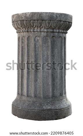 front view closeup of small architectural antique stone pillar column with pedestal isolated on white background