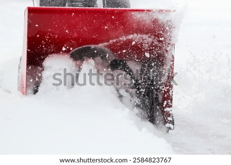 front view close-up of snow blower propeller churning, turning and throwing snow with motion. winter season snowstorm blizzard empty blank background with space for copy.