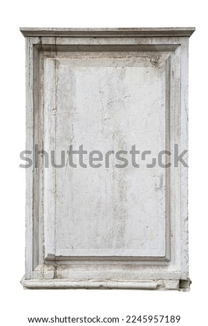 front view closeup of square empty classic ornamental frame signboard plaque on white marble stone wall isolated on white