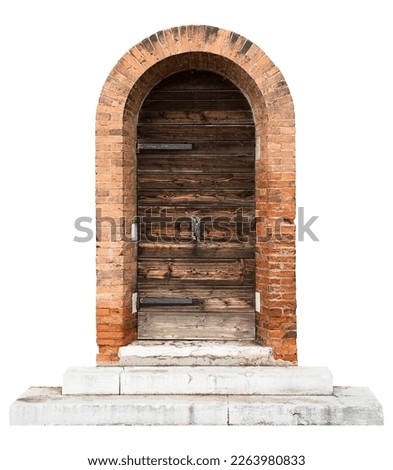 front view closeup of vintage wooden doors with classic brick pattern archway and wide marble stone stairs isolated on white