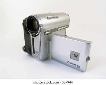 Front view of a compact consumer video camera