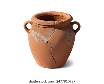Front view cracked clay pot isolated on white background