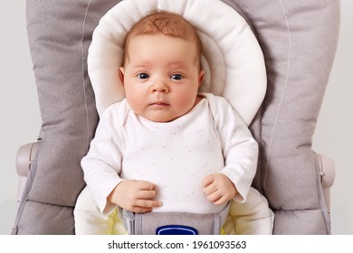 Front view of curious new born baby wearing white podysuit lying in child bouncer chair, looking at camera, exploring world, little infant, happy childhood.