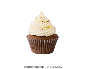 Front view delicious chocolate cup cake with white cream isolated on white background.