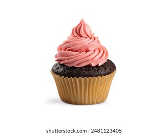 Front view delicious chocolate cupcake with pink cream isolated on white background. - Powered by Shutterstock