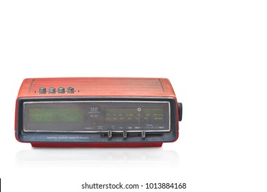 Front View Di Cut Old Digital Clock AMFM Radio On White Background,copy Space