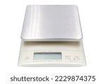 front view of a digital kitchen scale isolated on white background, small digital weights scales, kitchen digital scale, Digital food scale electronic weight balance. The file contains clipping paths.
