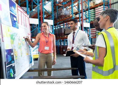 Front View Of Diverse Warehouse Staffs Discussing Over Whiteboard In Warehouse. This Is A Freight Transportation And Distribution Warehouse. Industrial And Industrial Workers Concept