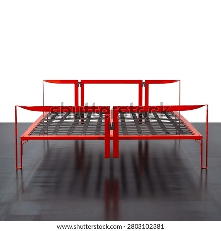Front view of double bed, featuring a red enamelled metal frame and a bed base with straps.
