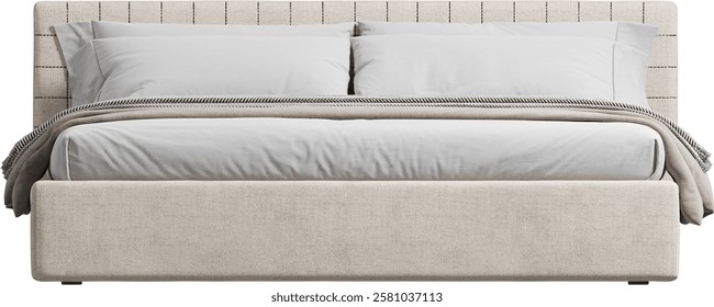 Front view of double bed with headboard and blanket