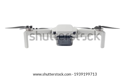 Front view of drone with camera isolated on white background