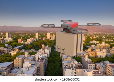 Front view of a drone flying over a city with a cardboard box.