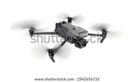 Front View of a Drone Quadcopter UAV In Flight Isolated on a White Background.