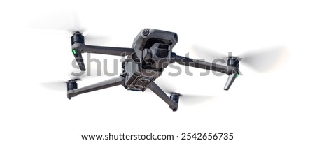 Front View of a Drone Quadcopter UAV In Flight Isolated on a White Background.