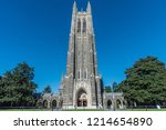 Front view of the Duke Chapel tower in early fall, Durham, North Carolina