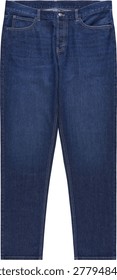 Front view of durable dark blue denim jeans, showcasing button fly, front pockets, and sturdy belt loops, isolated on a white background.