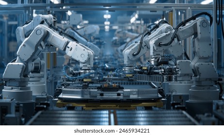 Front View Electric Car Battery Manufacturing Line. Industrial Robot Arms Assemble Lithium-Ion EV Battery Pack Inside Automotive Smart Factory. White Robotic Arms at Automated Production Line - Powered by Shutterstock