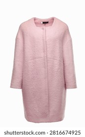 Front view of elegant light pink wool coat isolated on white background. Fashion outerwear product image ideal for online stores, clothing catalogs, retail advertising, e-commerce listings and brand marketing materials.
